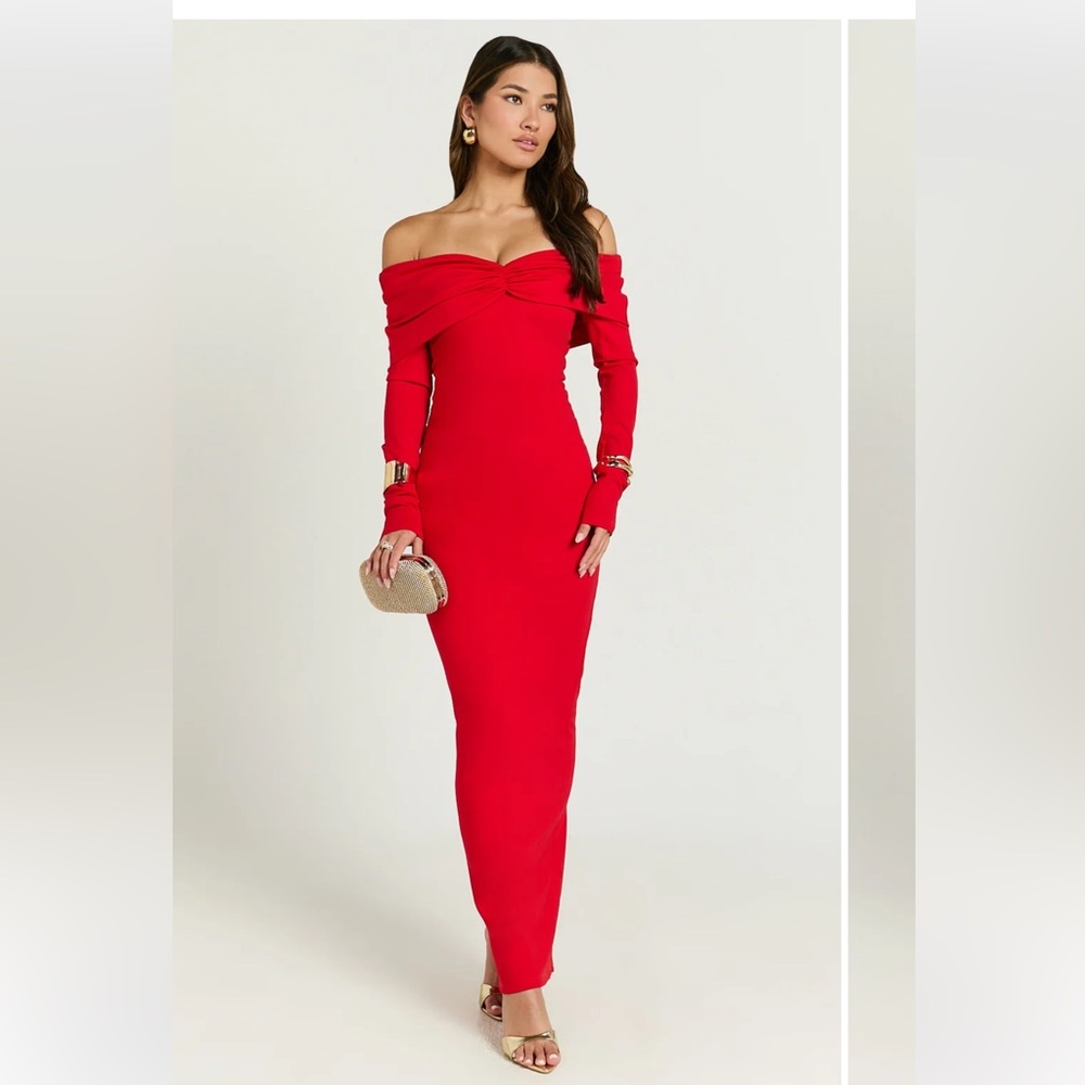 Showpo Rani midi dress Red Off-Shoulder Long Sleeve Bodycon Dress size 4 New